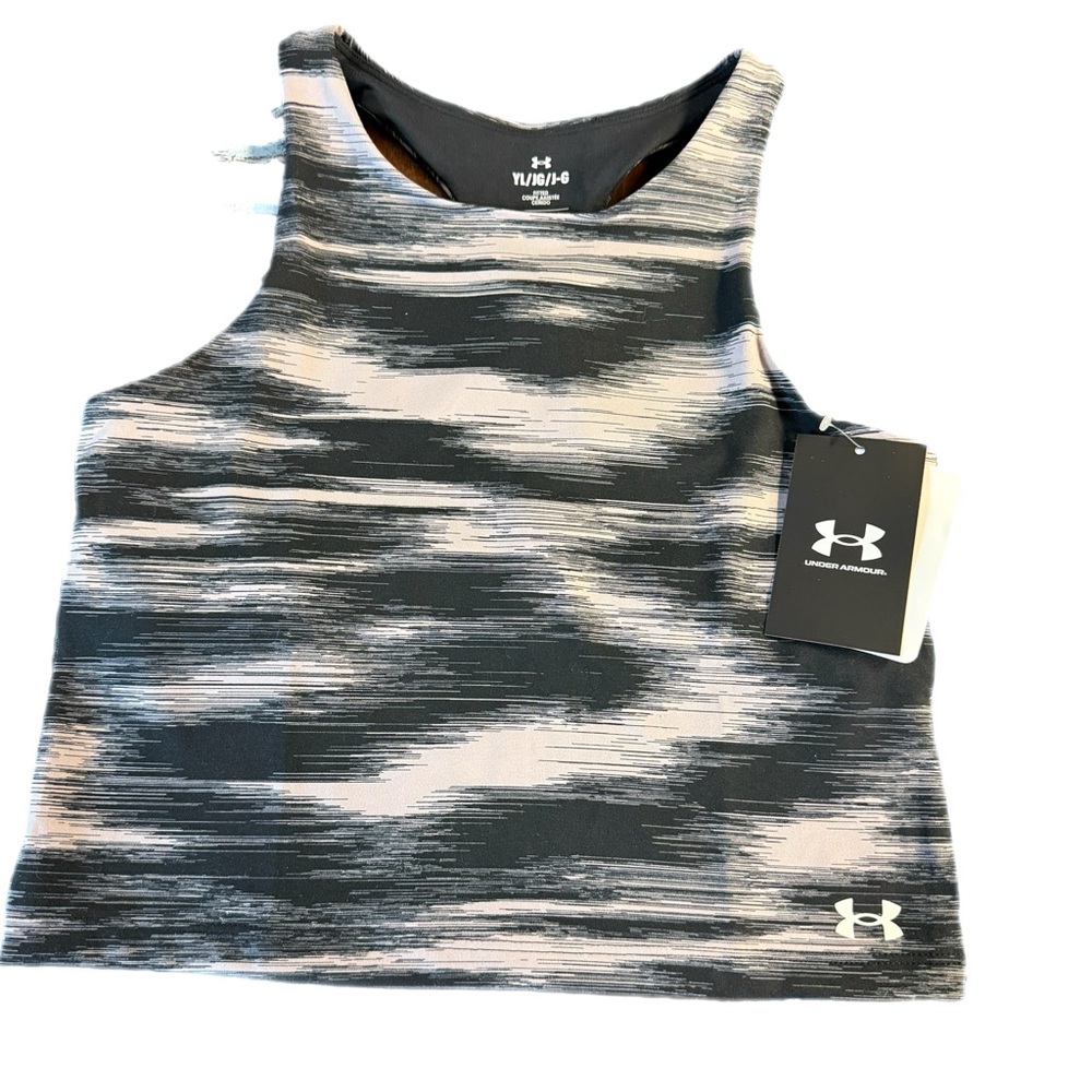 Under Armour Girls’ Motion Printed Crop Tank – Black/Grey YL